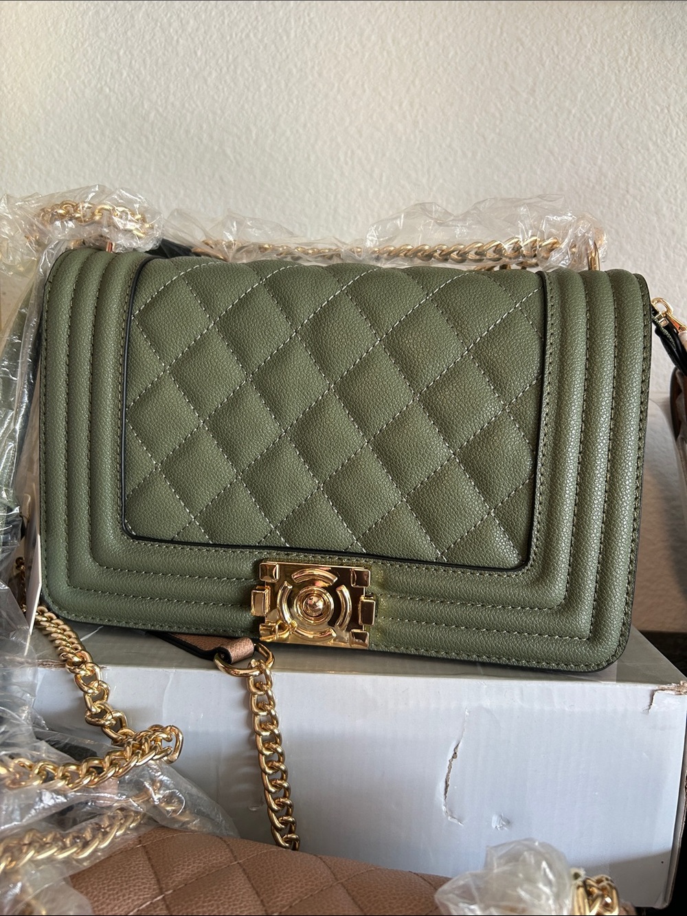 Olive Quilted Chain Shoulder Bag with Gold Hardware